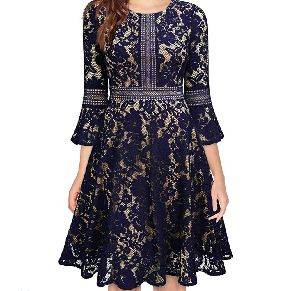 Navy blue lace cocktail dress bell sleeve